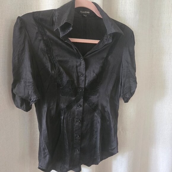 🖤 Black Silk Short Sleeve Top – Bow-Shaped Lace Inlay Detail - Picture 1 of 4